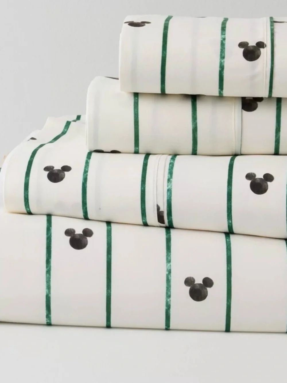 Disney White Sheet Set with Green Stripe and Black Mickey Heads
